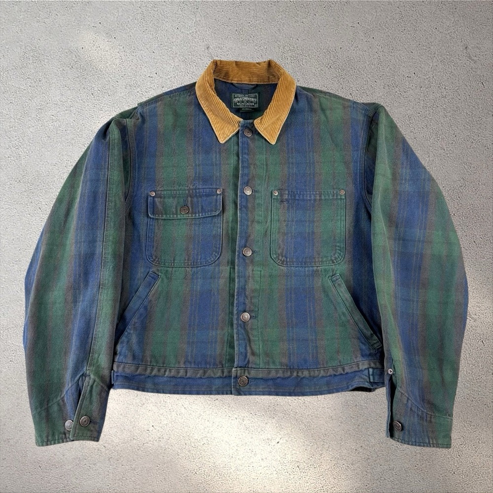 Vintage Polo Country Ralph Lauren Plaid Denim Jacket‎ Medium USA 90s